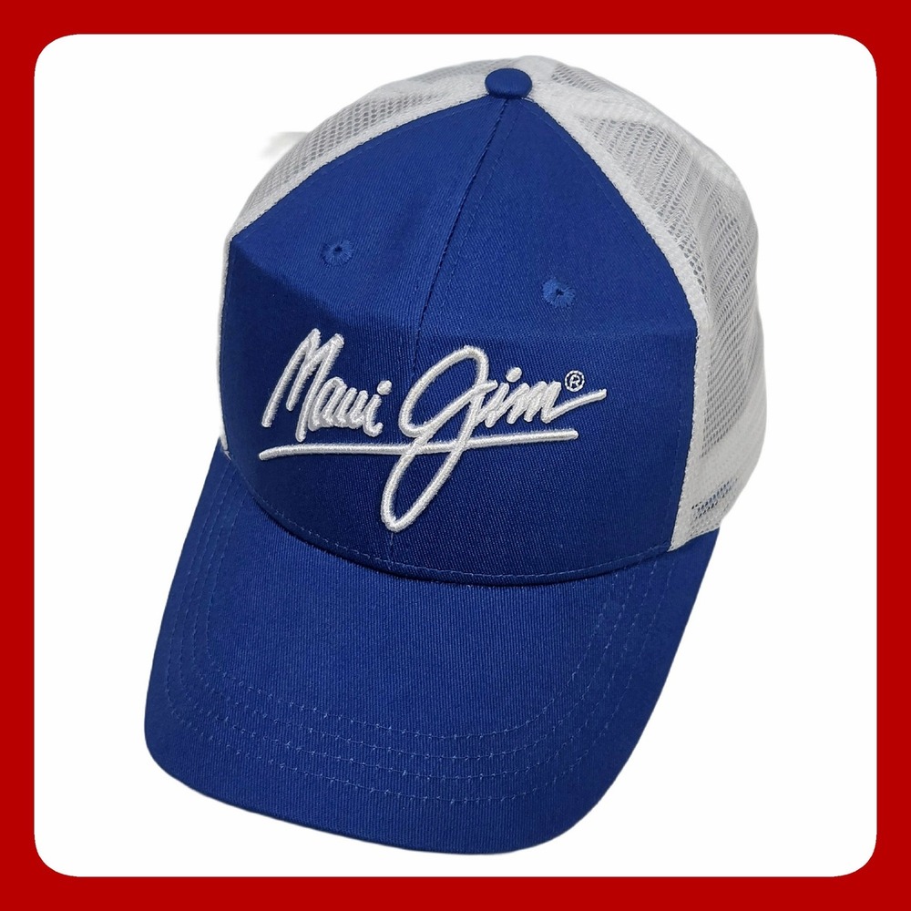 Maui Jim Trucker Hat Blue White Mesh Snapback Hawaii Island Embroidery Cap